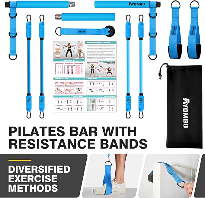 Pilates Bar Kit with Resistance Bands, Pilates Workout Equipment for Legs, Hip, Waist, Arm, Squats Exercise Equipment for Home Workouts, Adjustable 3-Section Pilates Bar Kit for Women & Men