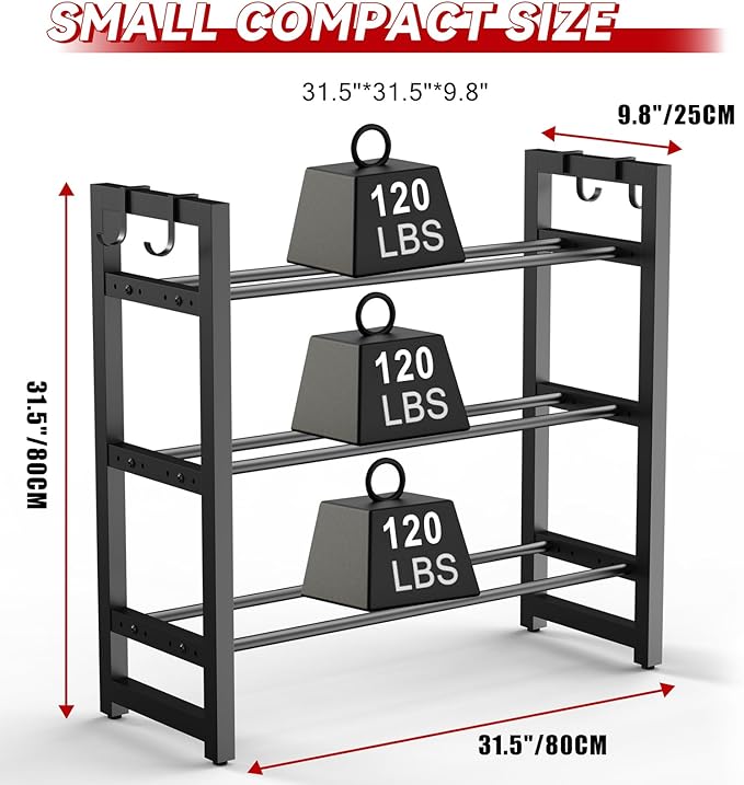 3 Tier Small Adjustable Dumbbell Rack, 390LBS Heavy Duty Weight Storage Rack with Side Hooks, Space-Saving Weight Rack for Home Gym (Rack Only)