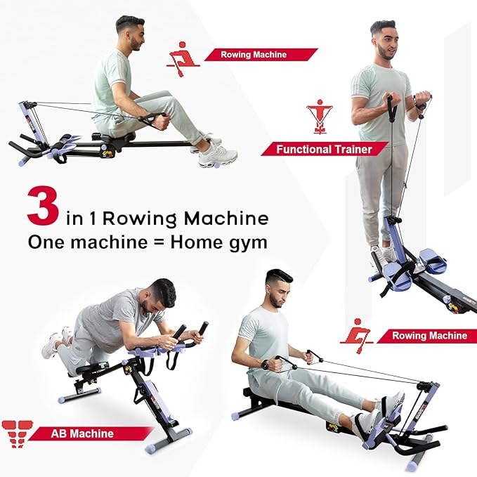 Tousains 3 in 1 Foldable Rowing Machine, AB Machine with 3 Level Angle & Led Monitor, Multi-Functional Rower Fitness Equipment Home Gym Full Body Fitness Machine