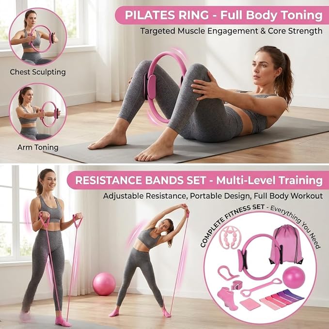 Pilates Accessories for Women – At Home Pilates Kit with Pilates Ball and Ring Set, Pilates Home Workout Kit, Pilates Essentials Kit for Women for Full Body Training
