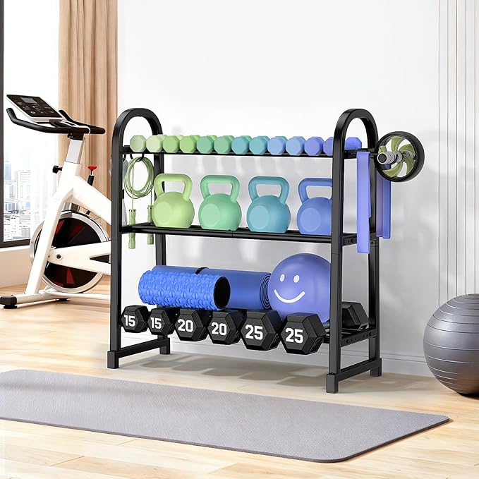 3 Tier Dumbble Rack - 360LB Capacity Adjustable Dumbbell Storage Rack Space-Saving Home Gym Weight Rack For Dumbbells And Kettlebells With Hooks (Dumbbell Rack Stand Only)