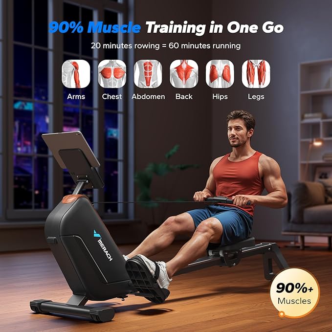 MERACH Rowing Machines for Home, Powerful Electromagnetic Row Machine with 51.2" Extended Rail, 16-Level Handle Resistance Adjustment Rower, 350 LBS Load Capacity, Ergonomic Comfort Seat, Easy Storage
