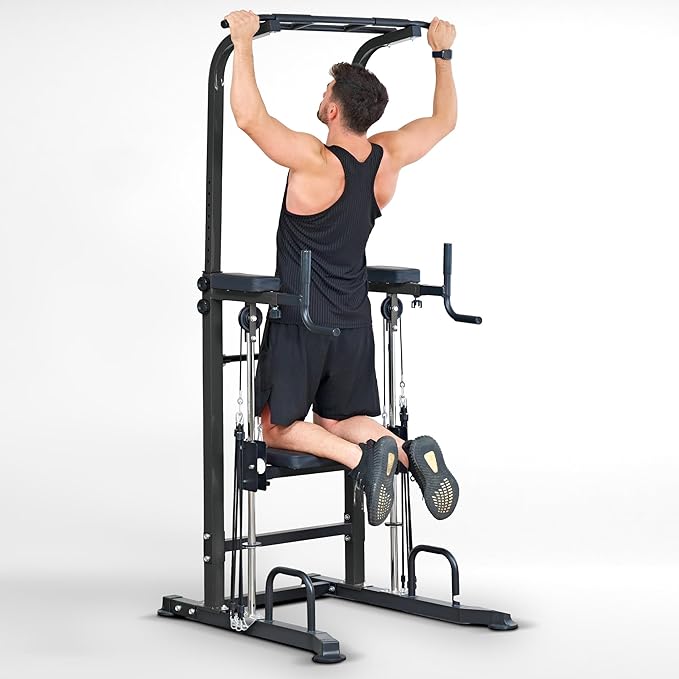 Dland Power Tower Dip Station Pull Up Bar Exercise Tower, Multi-Function Adjustable Training Equipment for Home Gym, Strength Training Workout Equipment, Black