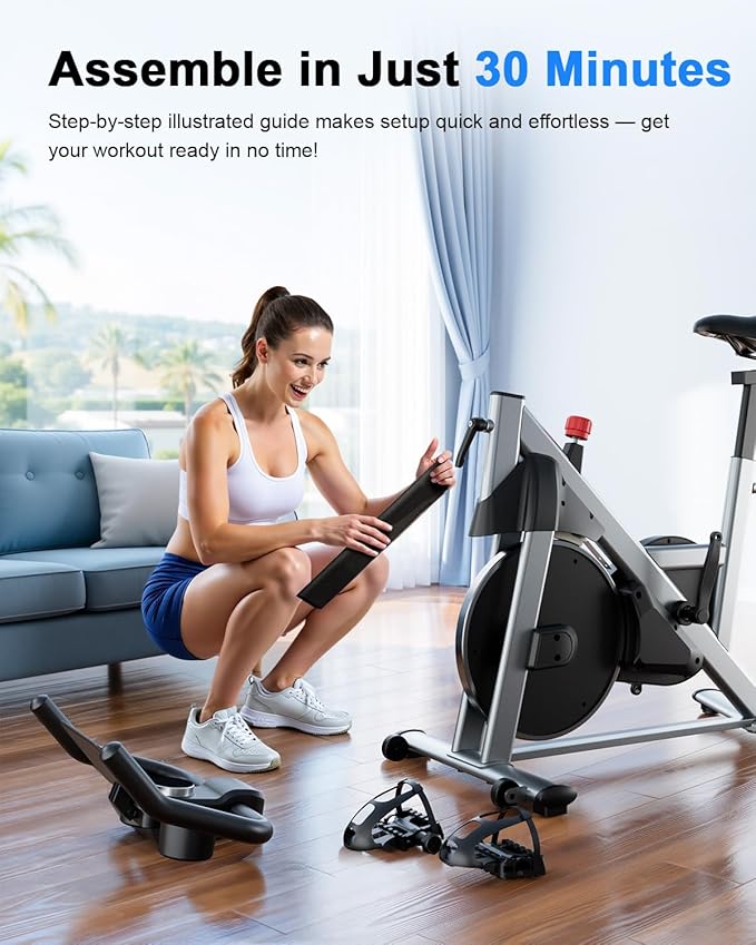 Superun Exercise Bike, Stationary Bikes for Home with Brake Pad, Low Noise Spin Bike with 300LBS Weight Capacity, Indoor Cycling for Home Gym with Pad Mount LCD Monitor and Cup Holder