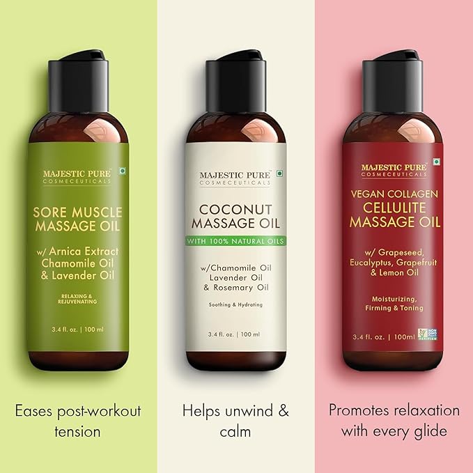 MAJESTIC PURE Massage Oil for Massage Therapy - Refreshing, and Relaxing - Natural Oils - for All Skin Types - Men and Women Massage Lotion (3.4 Fl Oz (Pack of 3), Massage Oil Set)