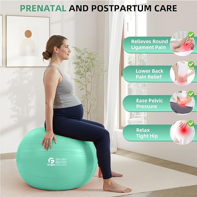 Gruper Yoga Ball, Extra Thick Non Slip Exercise Ball for Workout, Birthing, Balance, Stability, Pregnancy, 4 Sizes Anti Burst Chair for Home and Office, Includes Quick Pump & Fitness Guide