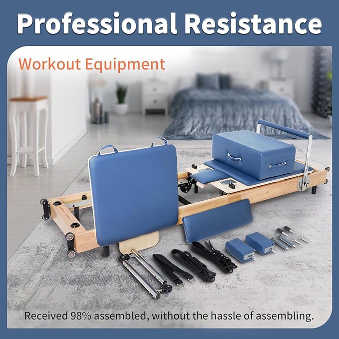 Pilates Reformer Machine,Oak Wood Home Pilates Equipment, Foldable Pilates Reformer with Reformer Box, Jump Board for Home Workouts and Body Exercises, Suits for Studio Gym Yoga