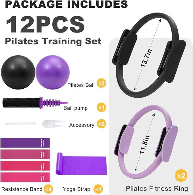 Pilates Ring Fitness Circles Set, Dual Padded Handles Home Pilates Equipment Set for Women Includes 2 Pilates Ring, 2 Pilates Mini Ball, and 5 Resistance Bands at Home Pilates Workout Set