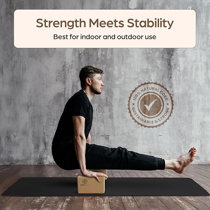 ORW Cork Yoga Block – FSC Natural Cork, 9”x6”x3”, 1.5 lb Dense Stability Block, Non-Slip Grip, REACH Tested