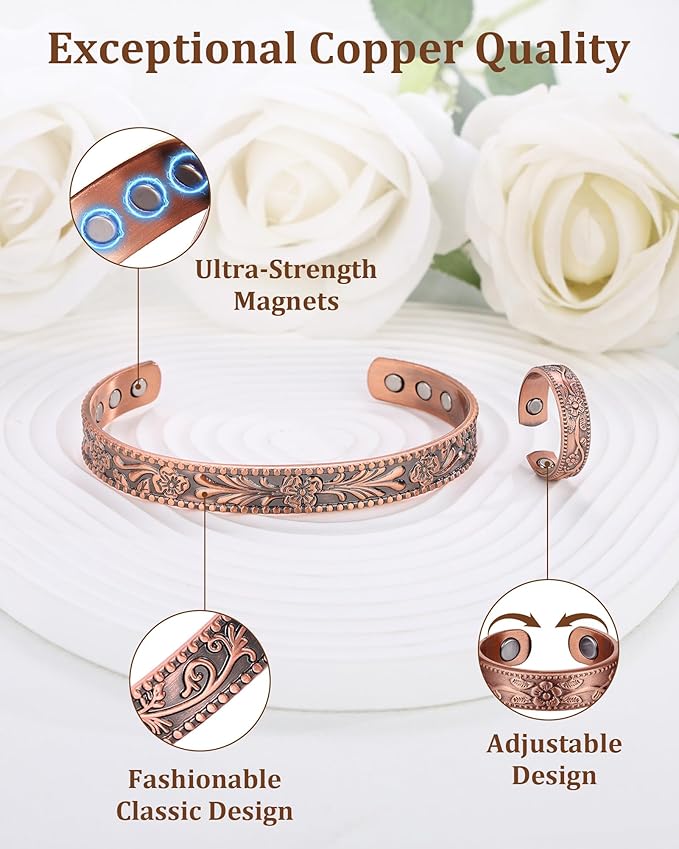 BioMag 99.99% Pure Copper Bracelet&Ring for Men and Women, Adjustable Magnetic Bracelet & Ring with 3500 Gauss Magnets, Vintage Flower Design, Jewelry Christmas Gift