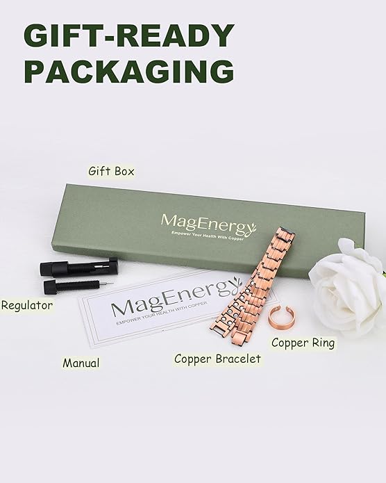 MagEnergy Mens Copper Magnetic Bracelets, 99.9% Pure Copper Bracelet with Double-Row Strength Magnets, Adjustable Jewelry with Sizing Tool