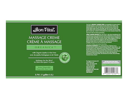 Bon Vital' Organica Organic Massage Creme, 1 Gallon, Organic Jojoba Oil, Non-Greasy, Hypoallergenic, Cream For Sensitive Skin, Massage Therapy & Muscle Relaxation, Spa Quality