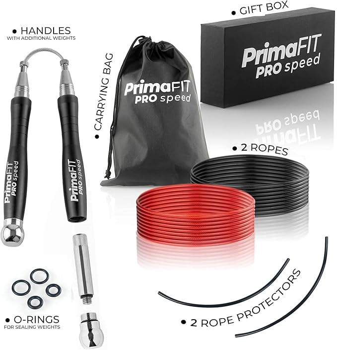PrimaFIT Jump Rope Pro Speed Skipping Rope Adjustable Adult Jumping Rope Weighted Aluminium Handles for Double Dutch Boxing Workout Crossfit Exercise Fitness Spare Cable Weights Protectors Carry Bag