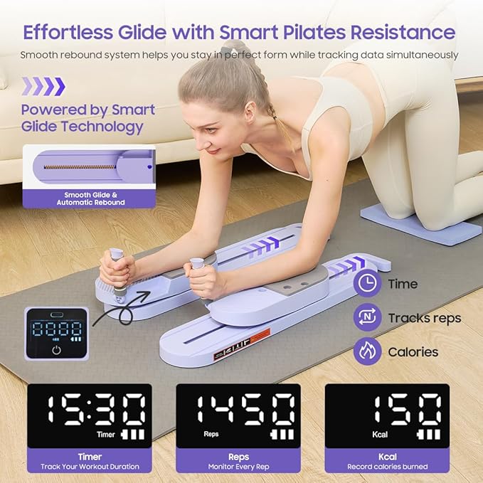 Pilates Reformer- Foldable Pilates Board, Pilates Machine with Resistance Band, Full Body Workout Set for Women at Home, Core Strengthener, Ab &Push-Up, Glute & Leg Toning, LED Timer & Calorie Display