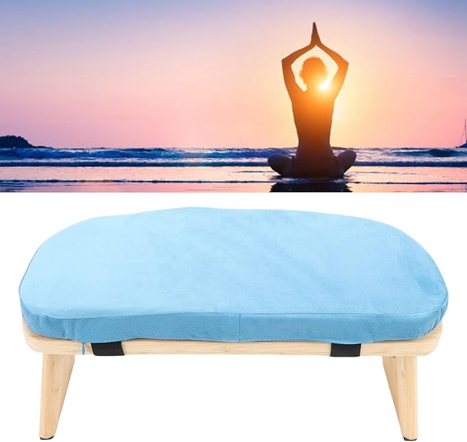 Wooden Meditation Bench, Ergonomic Detachable Kneeling Stool with Soft Cushion for Yoga and Meditation, Minimalist Design Home Use (Blue)