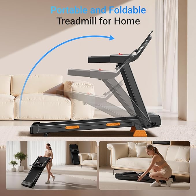 15% Incline Treadmills for Home, 3.0HP Folding Treadmill with 400LBS Weight Capacity, Portable Treadmill with Handrails, 3 LED Displays