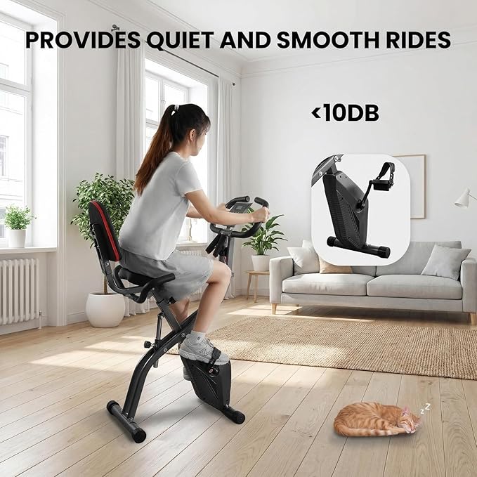 Exercise Bike, 4 IN 1 Stationary Bike, Foldable Folding Exercise Bike with 16-Level Magentic Resistance, Support Back Pad and Phone/Tablet Holder, Arm Resistance Band, Pulse Sensor, LCD Monitor for Home Workout 265LB Capacity