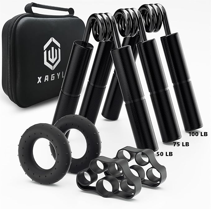 Professional Hand Grip Strengthener Trainer Kit, 50-175LB Metal Hand Gripper with 2 Finger Stretcher & 2 Grip Ring Wrist Foream Strengthener Exercise Workout Trainer for Pro Beginner Professionals