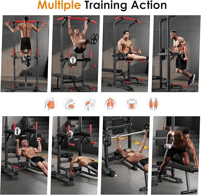 SogesHome Multi-Function Power Tower Pull Up Bar Dip Station, Home Gym Adjustable Height Fitness Workout Equipment with Foldable Dumbbell Stool, 330LB Capacity for Push-Ups, Sit-Ups, Strength Training
