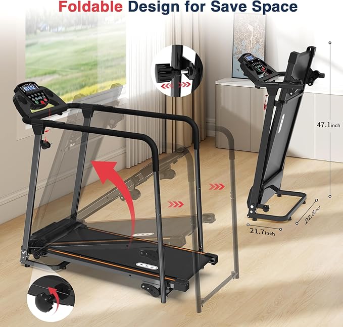 Redliro Walking Treadmill for Seniors - Foldable Senior Treadmill with 0%-2% Incline, Long Handrails - 300 lbs Capacity Home Recovery Fitness Exercise Machine for Elder, Mute & Qucik Speed Button