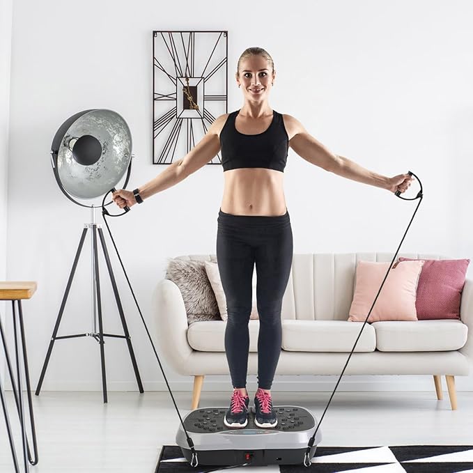 Vibration Plate Exercise Machine, Full-Body Workout Vibration Platform Equipment for Weight Loss, Vibrating Shaking Stand Plate Board with Resistance Bands Fitness Machine for Home Women Men