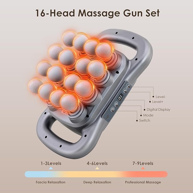 16 Head Massage Gun Set, Deep Tissue Percussion Massager, 2600mAh Electric Massage Tools with 9 Styles & Levels, Dark Grey