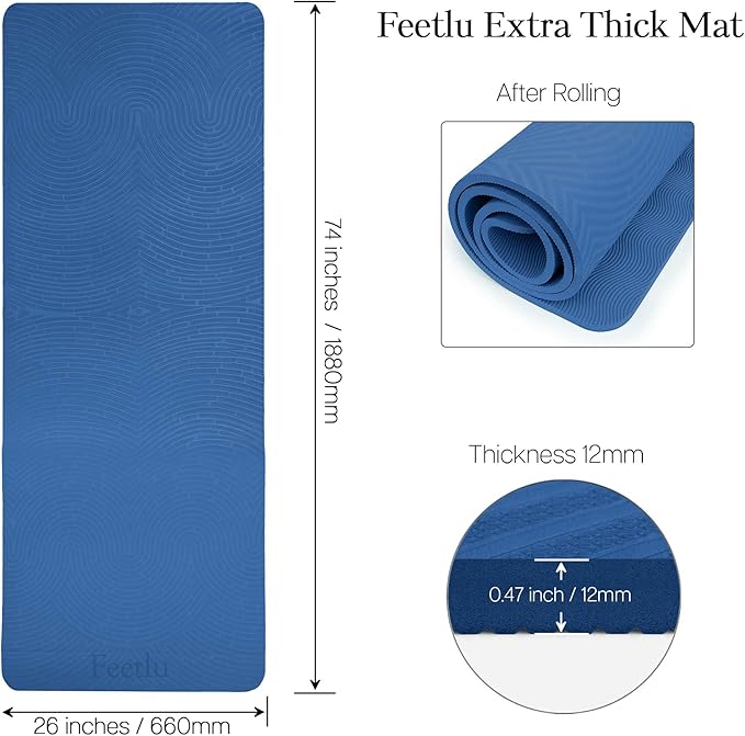 Extra Thick 12mm Exercise Mat – Non-Slip, Joint-Friendly & Cushioned Fitness Mat for Yoga, Pilates & Floor Workouts – Durable, Supportive & Includes Feetlu Classic Strap