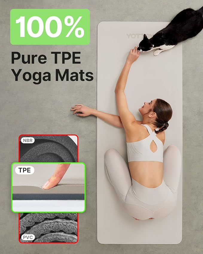 Yoga Mat,Non-Slip TPE Exercise Mat(1/4 Inch) for Pilates, Fitness & Barefoot Workouts, Home Gym Studio with Strap & Bag