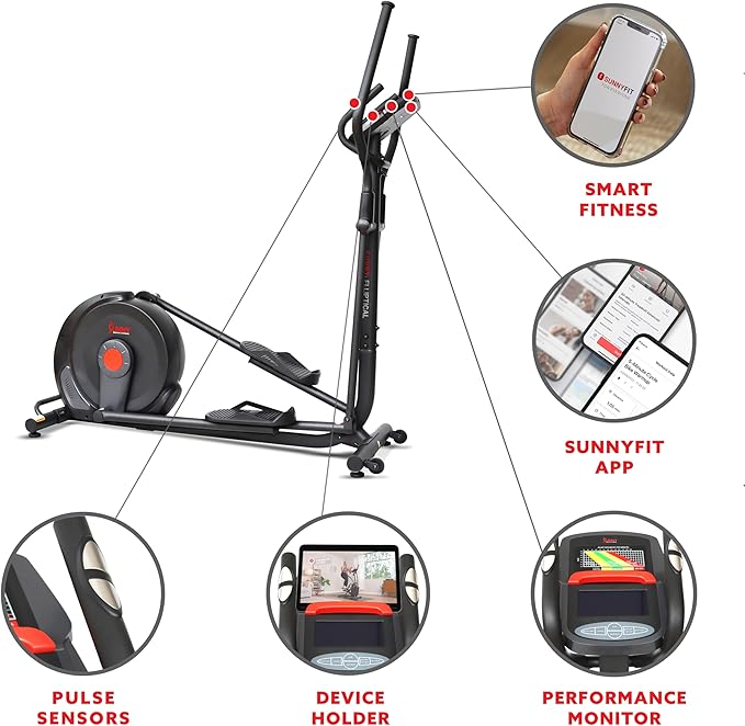 Sunny Health & Fitness Power Stride Smart Elliptical with 17.7" Stride & Pulse Sensor, 16 Level Magnetic Resistance Cross Trainer for Home Full Body Workout with SunnyFit App, Optional Electromagnetic