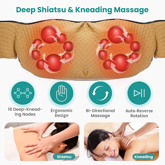 Nekteck Shiatsu Neck Massager with Heat for Pain Relief Deep Tissue, 2026 Upgraded 3D Back Shoulder Kneading Massage Pillow, Body Muscle Relaxation Tools Gifts for Him Her, Beige (NOT Cordless)