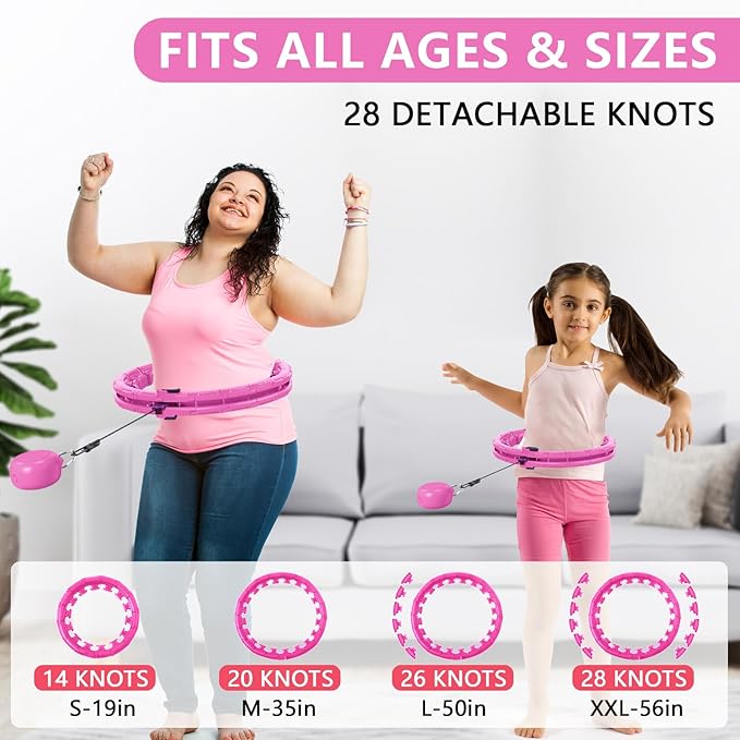 U1 Weighted Hula Hoop 30 Knots 19"-61" for Adults with Waist Trimmer Belt & Durable Wash Bag Bundle– Fitness Hoop for Exercise, Workout, Slimming & Home Gym, Light Pink