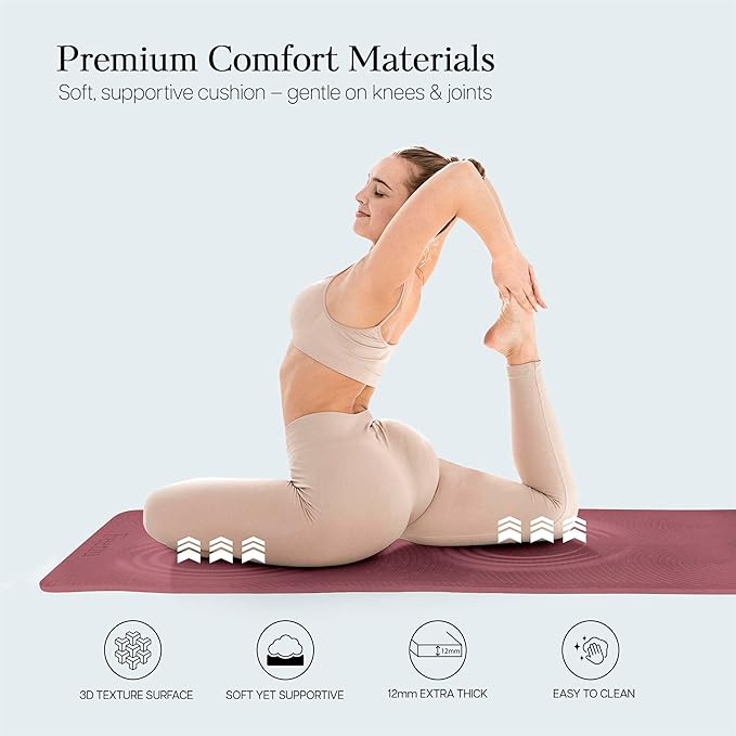 Extra Thick 12mm Exercise Mat – Non-Slip, Joint-Friendly & Cushioned Fitness Mat for Yoga, Pilates & Floor Workouts – Durable, Supportive & Includes Feetlu Classic Strap