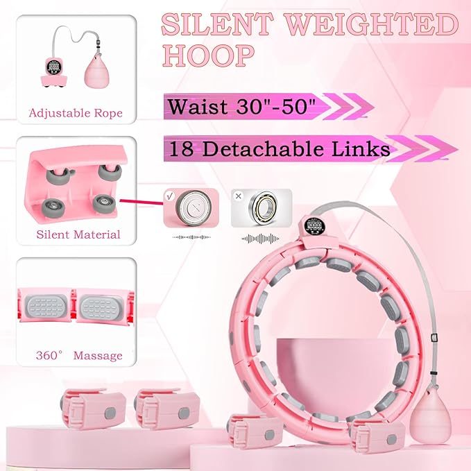 2025 New Silent Smart Weighted Fitness Circle, Weighted Circle for Adults Weight Loss,18 Detachable Links Waist 30"- 50", Exercise Circle for Women & Men