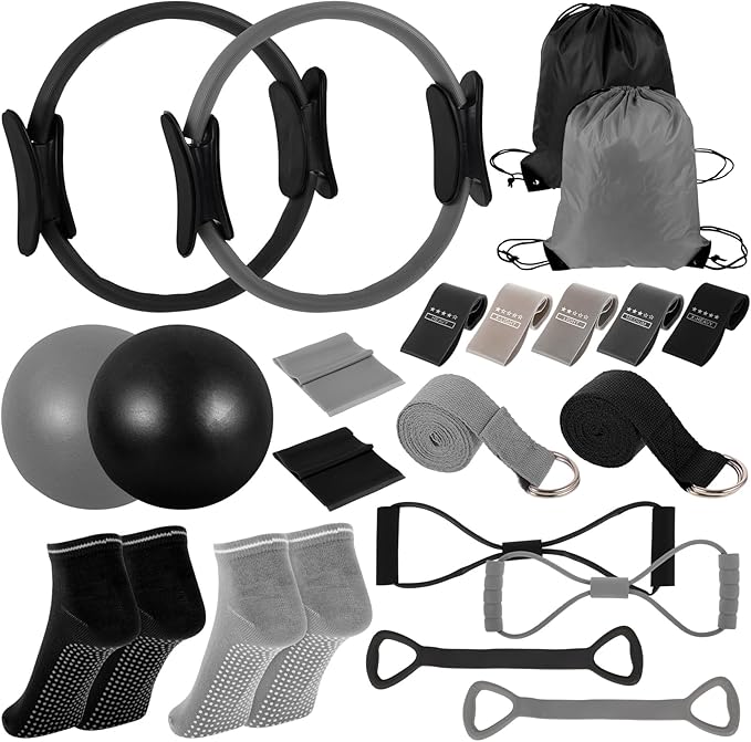 21 Pcs Pilates Ring Circle Set for Women, Includes Ball Yoga, Ring Stretching, Strap Bands, Non Slip Socks, Back Bags for Workout, Commonly Used for Yoga, Pilates, Stretching, Fitness(Black,Gray)