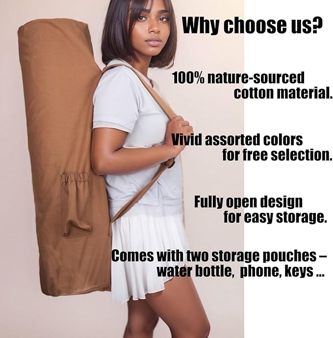 Cotton yoga mat bag with Pockets and Adjustable Strap - Full Zip Cargo Yoga Mat Carrier Bag - Bag for 1/4" 1/3" Thick Yoga Mat