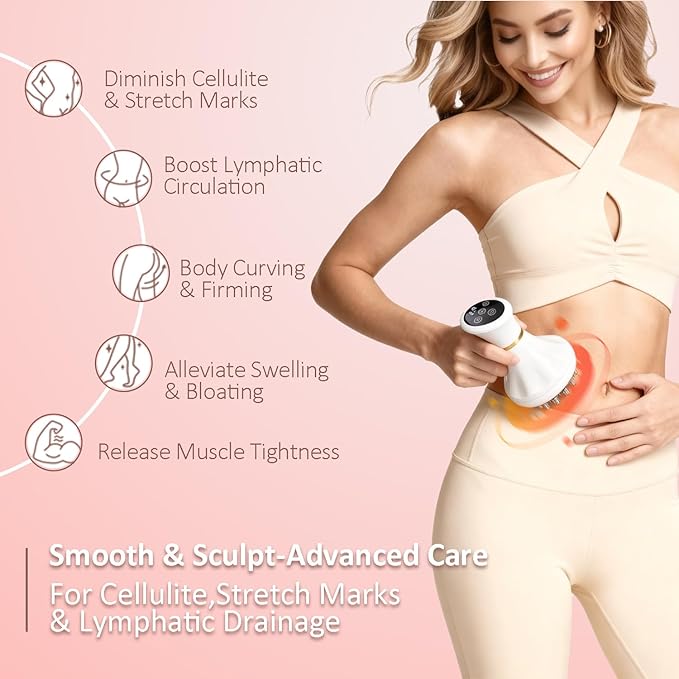 Lymphatic Drainage Massager & Anti Cellulite Massage Tool Helps Reduce Stretch Marks & Cellulite, Body Sculpting Machine For Legs, Arms & Belly with Microcurrent, Light, Heat & Vibration，With Body Oil