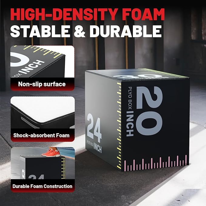 papababe 3-in-1 Plyometric Jump Box Workout Equipment, Box Jumps for Home Gym, Trainer with Anti Slip Surface and High Density Foam, Box Height: 20", 24", 30"