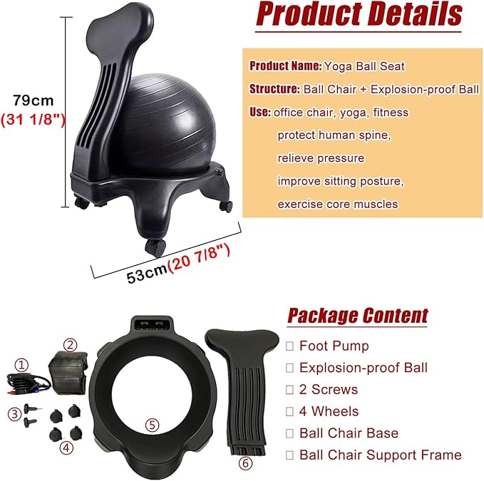 Home Gym Balance Ball Chair with Back Support, Adults Office Exercise Ball Chair, Rolling Balance Posture Chair, Anti-Burst Gray Yoga Ball, Base & Pump