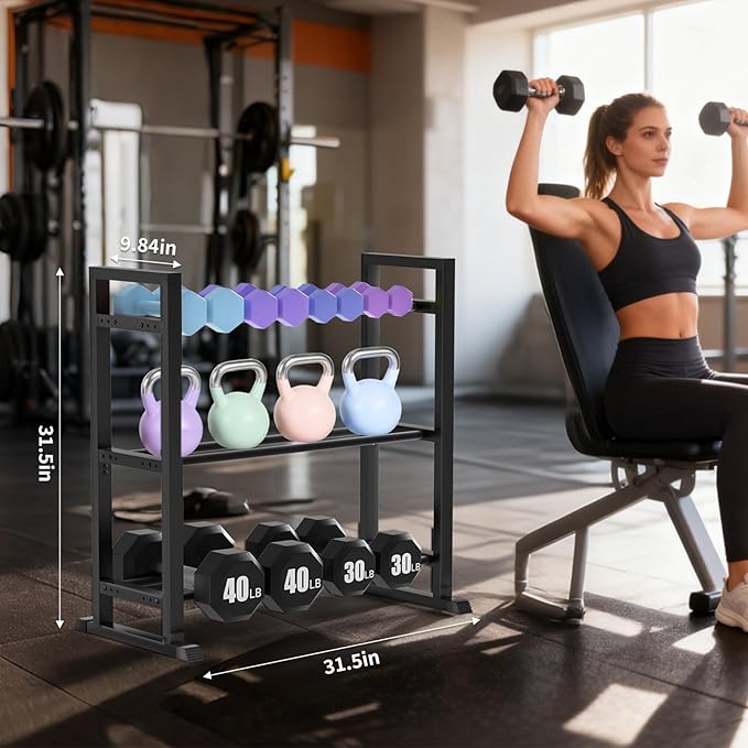 3-Tier Adjustable Dumbbell Rack ，Weight Storage Stand Holder for Dumbbells & Kettlebells, Heavy-Duty Metal Multi-Purpose Gym Equipment Storage Stand for Home Gym Accessories