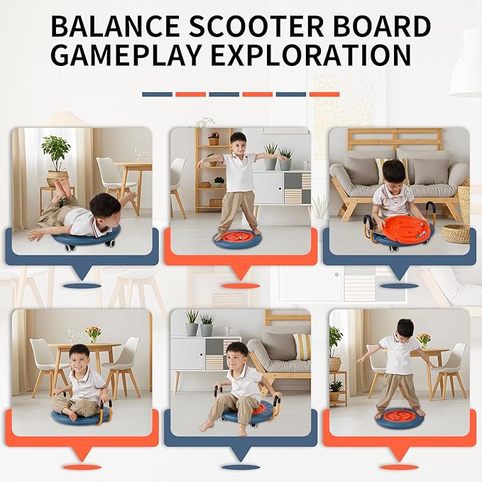 3-In-1 Balance Scooter Board for Kids，Plastic Wobble Balance Board Rocker Maze with Handles, 5 Balls, Toddler Floor Scooter Boards for Sensory Training, Physical Therapy