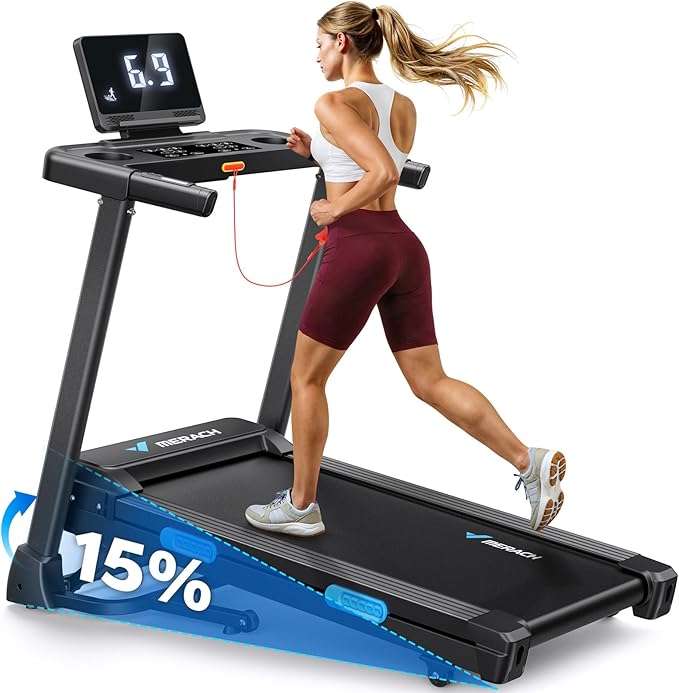 MERACH Incline Treadmill with Incline 6%-15%, 7-Layer Belt 300LBS Capacity Tredmill Foldable Handle Running Treadmills for Home, 0.5-7.5MPH 3.0HP Incline Folding Treadmill LED with APP Threadmill