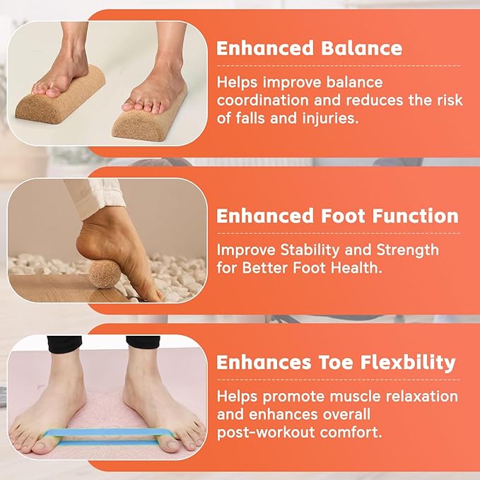 Cork Foot Strengthener & Balance Trainer Set – 4-in-1 Foot Mobility System with Roller, Massage Ball & Toe Bands | Improve Stability, Fix Over-Pronation, Enhance Balance & Restore Natural Foot Function