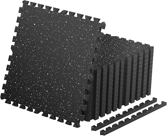 0.79'' Thick 12 Pcs 48 Sq Ft Non-Slip Rubber Top Exercise Equipment Mats, High Density EVA Foam Mats with Rubber Top, Interlocking Puzzle Gym Flooring for Home Gym, Workout Floor Mats,Black