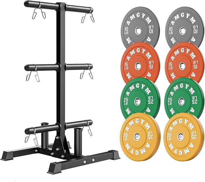 Weight Plate Tree Rack & Weight Set, Strength Training Plate Storage Stand and Barbell Holders for Home Gym, 1100 lb Weight Capacity, Fits Both 1" and 2" Bumper Plates