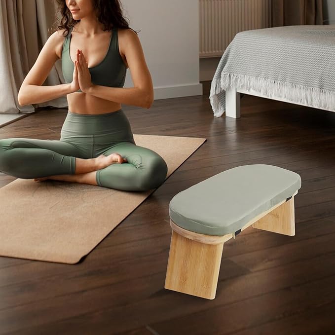 Meditation Bench, Portable Bamboo Meditation Bench Ergonomic Meditation Stool Comfortable Folding Kneeling Meditation Bench with Meditation Cushion for Longer Meditation (Green)