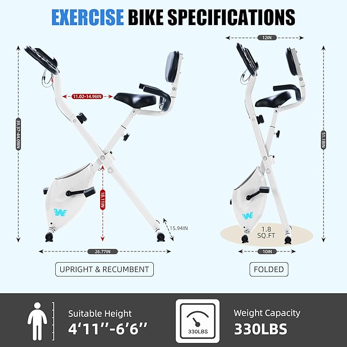 BARWING Stationary Exercise Bike for Home Workout, 5 IN 1 Foldable Indoor Cycling Bike for Seniors, 350LB Capacity, 16-Level Magnetic Resistance, Seat Backrest Adjustments
