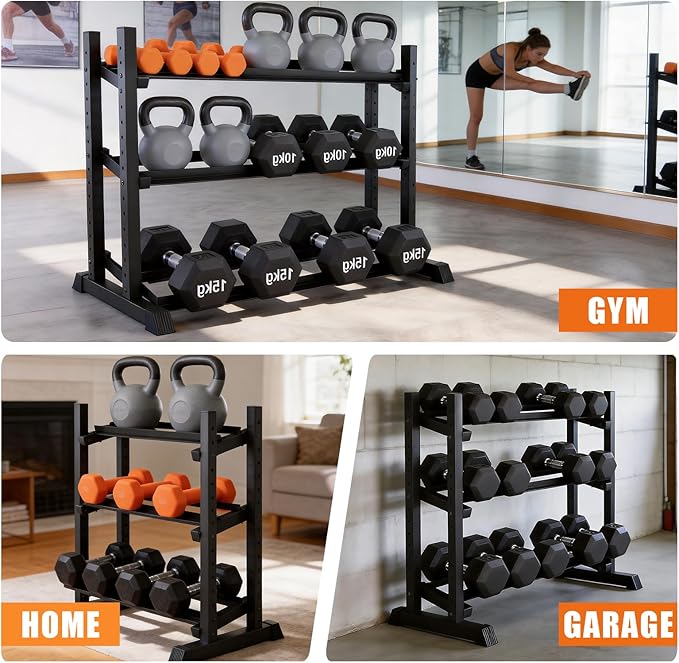 Dumbbell Rack 3-Tier Adjustable Dumbbell Rack Suitable for Dumbbells, Kettlebells, and Other Compact Weights Space-Saving Dumbbell Storage Rack - 1000LBS Capacity