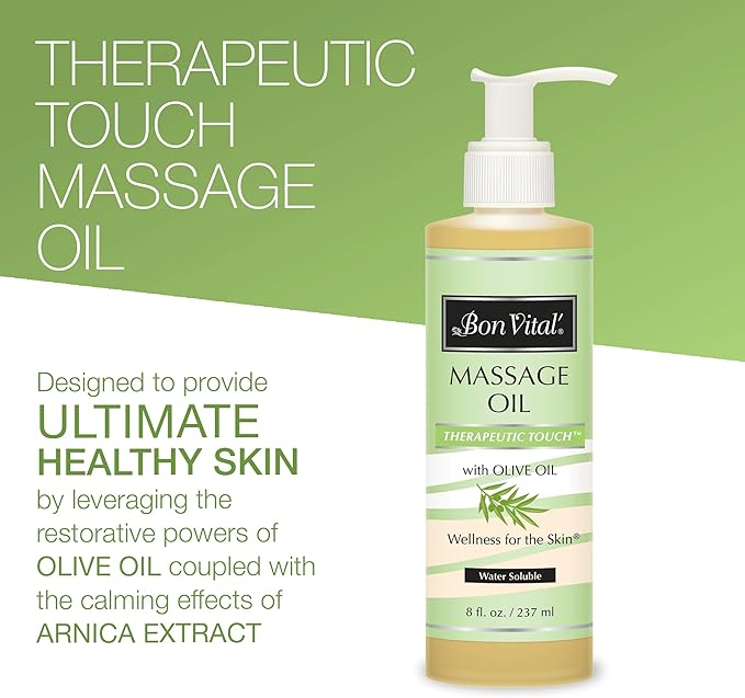 Bon Vital' Therapeutic Touch Massage Oil, 8oz Pump, Unscented Massage Oil for Massage Therapy With Olive Oil, Lightweight Non-Greasy Formula, Professional-Grade for Dry Skin and Sore Muscles