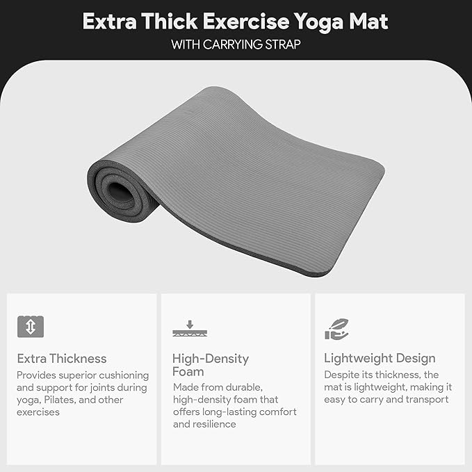BalanceFrom 71x24 Inches Extra Thick Yoga Mat 1-Inch High-Density Foam – Roll-Up Exercise Pad with Double-Sided Non-Slip Surface and Carrying Strap for Pilates and Home Workouts, Multiple Colors