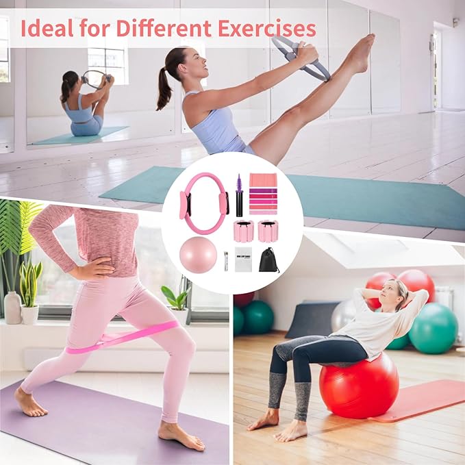 Pilates Kit for Home Workouts, Pilates Ring with Ball, Ankle Wrist Weights, Resistance Bands, Yoga Full Body Training Set for Women